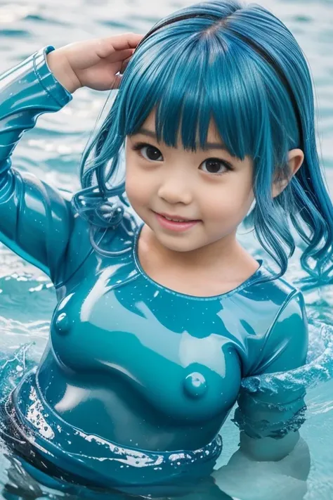 female kindergartener　mermaid　Rubber Suit　　Hair color blue　In the water　Slime monster transformation