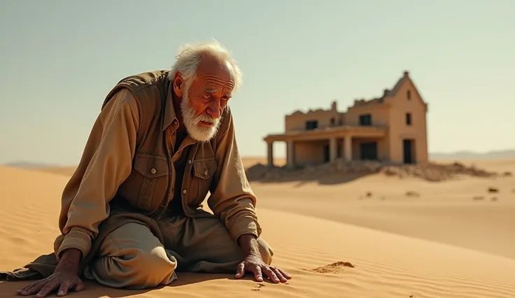 old man crying desperately kneeling in old clothes in the desert with a destroyed house in the background
