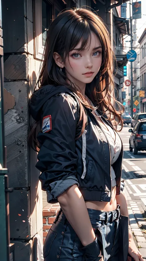 Asian woman in a blue jacket leaning against a wall, Face close-up, Side light