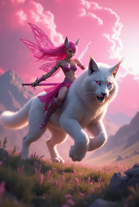 A pink hair edle fairy with a sharp pink sword, riding a white lynx with pink eyes and a sharp nose in a battle field in a valley of its own, with a backdrop of a pink sky with a sharp, defined border. HD, 8K, ultra-realistic, hyper-detailed, hyper-quality...