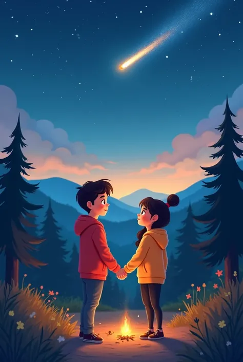 a couple holding hands in hoodies camping watching a shooting star animated children&#39;s
