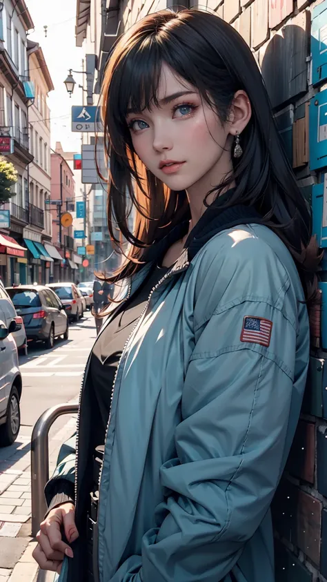 Asian woman in a blue jacket leaning against a wall, Face close-up, Side light