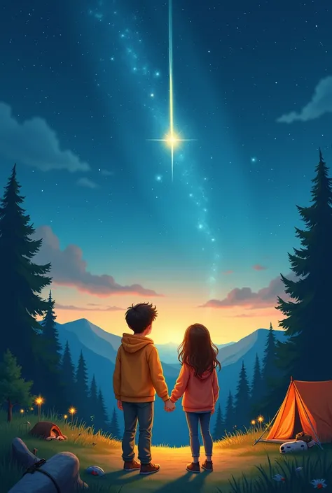 a couple holding hands in hoodies camping watching a shooting star animated children&#39;s
