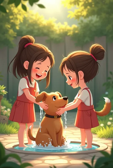 Two girls bathing a dog 