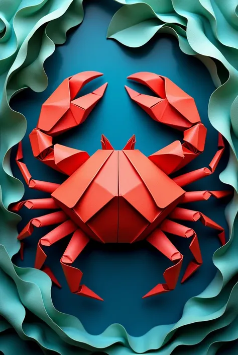 best quality, masterpiece, extremely detailed, origami, flatlay, red fiddler crab, water waves, seaweed,