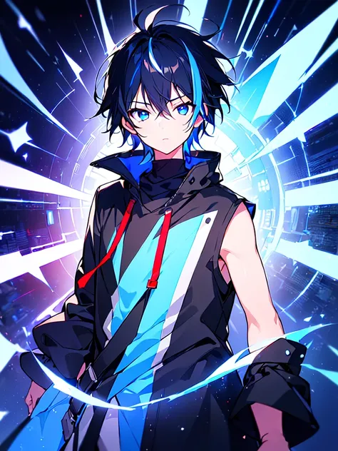 [(BLACK BACKGROUND:1.5),::5], ((((masterpiece)))), high quality, ultra very high resolution, full color, (((solo))), ((little boy)), BLACK short hair, ((Blue streaked hair)), (oriental deepblue eyes), anime, ((upper body)), Summer clothes, neon light, blac...