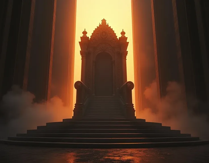 Sunrise over the Victors Throne: Dramatic, imposing, chiaroscuro, deep shadows, towering throne, sunrise rays