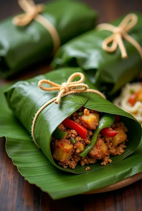 Filipino Food Pastil wrap in banana leaves