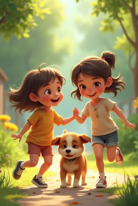 Two girls playing with a dog 