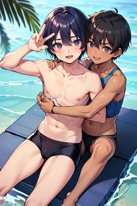 ((((masterpiece)))), high quality, perfect face,(best quality), expressive eyes, shirtless, (cute 12yo boys),(2boys),(hug),((happy)),((smile)),((blue violet swimming brief)), (dark skin), peace sign, black hairShort hair, sit on beach