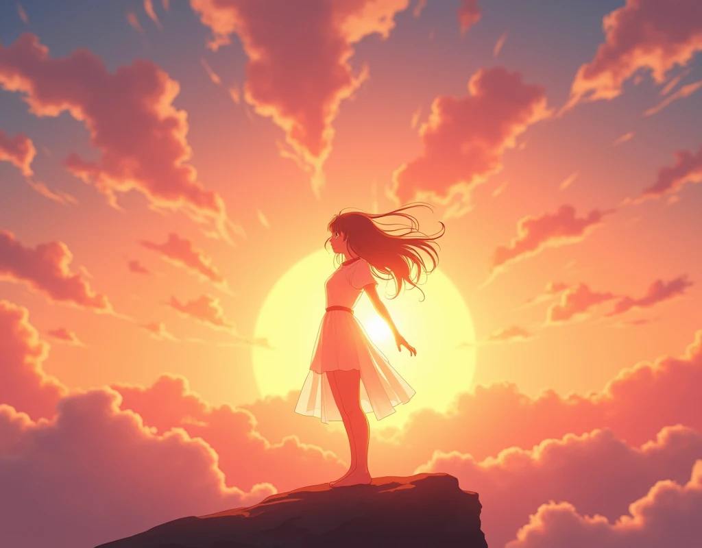 Champions Sunrise Illumination: Hopeful, inspiring, anime style, soft colors, illuminating glow, sunrise behind figure