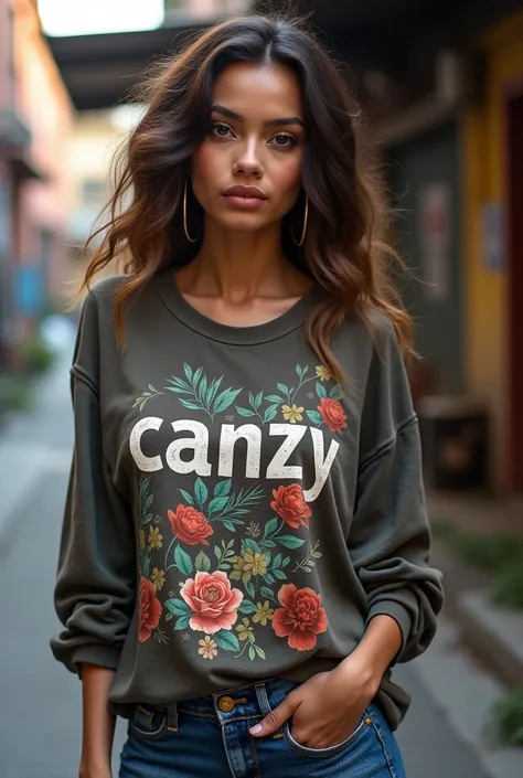 Create a photo of a clothing model for a store, written &#39;CANZY&#39; in the middle of the blouse , the blouse has to be streetwear style