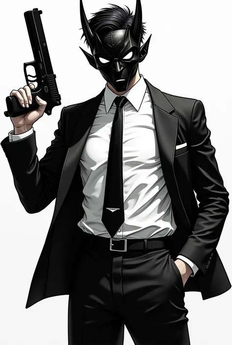 Draw a picture of a young man with black hair wearing a shirt and dress pants and a jacket and tie., He carries a gun in one of his hands and wears a devil mask on his face., Make the drawing in the style of a black and white manga and put a tie on it
