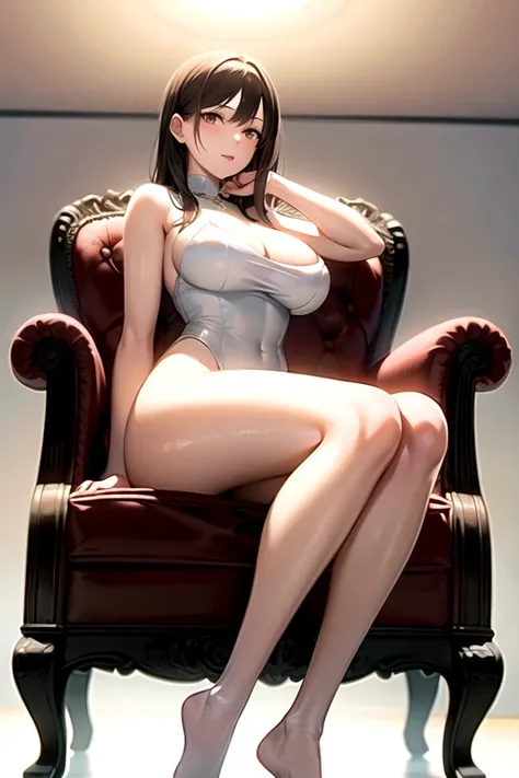 ((Best Quality)), ((masterpiece)), (detailed), 1 girl, with white leotard with gold, Brown eyes, sitting in an armchair, big breasts, who is 21 years old,((Whole body)), ((view from below))