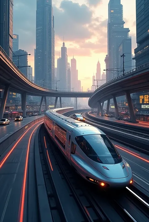 express train travels along evening railway with motion blur. Futuristic landscape with tall buildings around. Evening sky with clouds and fog on the horizon. Lots of overhead roads, bridges, transport hubs and cars around.