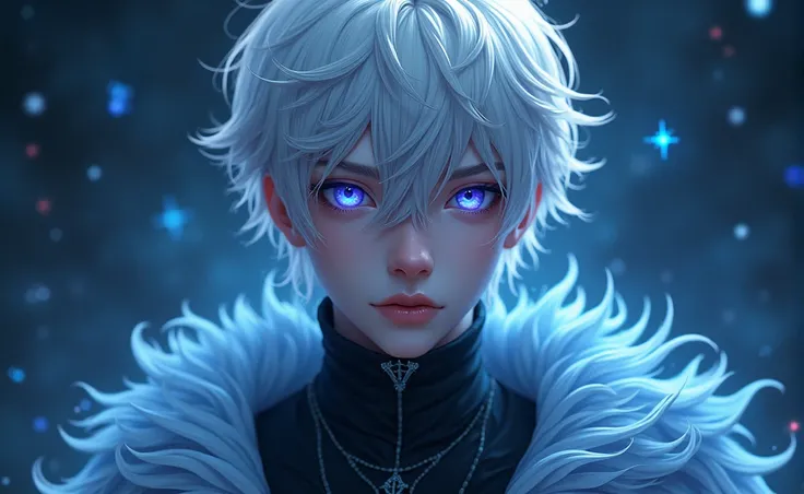 A semi realistic young male with has pale, almost porcelain-like skin and medium, white hair that is slightly tousled. Their eyes are vibrant, with a shimmering quality that reflects a spectrum of blues and purples, giving them a mystical, otherworldly gaz...