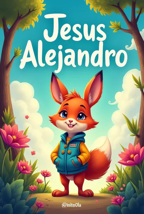 Make a cover for an animated book Write the written name of Jesus Alejandro at the top as a title, It also includes an animated animal with clothes but that is not fictitious and is colorful.
