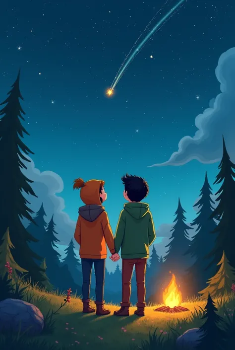 a couple holding hands in hoodies camping watching a shooting star at night animated children&#39;s
