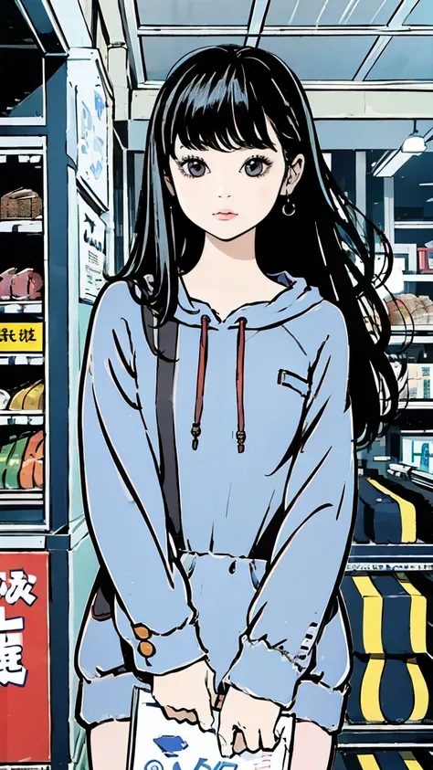 In front of a convenience store at night、Lawson、Girl、whole body、front、Blue hoodie、Black Hair、Long Hair、