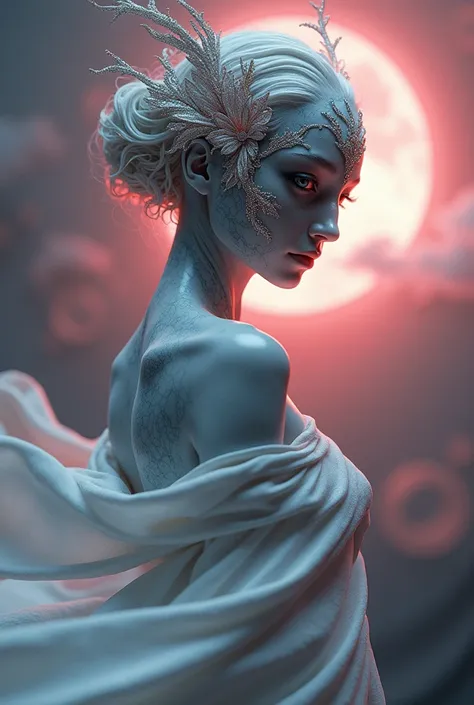 High Definition RAW Color Art, cartoon,sculpture, Silver Marble Skin, (((Extremely meticulous and elegant))), Magical atmosphere, (Delicate skin, texture (Complex details, Fine details, Ultra Detailed), Crimson Moonlight, Depth of Field, Bokeh, Silky touch...