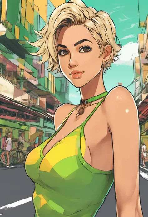 {4k image}, 1 Beautiful Brazilian woman, 18 years old, short blond hair (pixie cut),tanned skin, big dark rond eyes,busty, wide lips, pointed nose, choker, wearing a bikini (green and yellow), 1 mole, background city (unfocused), simple smile, manga linear...