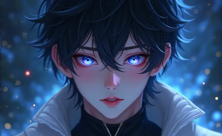 A semi realistic young male with has pale, almost porcelain-like skin and medium, black hair that is slightly tousled. Their eyes are vibrant, with a shimmering quality that reflects a spectrum of blues and purples, giving them a mystical, otherworldly gaz...