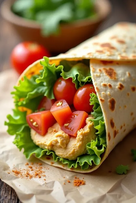 Wheat tortilla, There, lettuce, tomato, hummus. burrito
