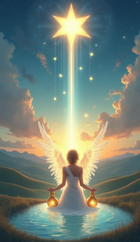 Create an ethereal and uplifting image for "The Inspiration" card, inspired by "The Star" card in the traditional Rider-Waite Tarot. The central figure is a radiant angel, symbolizing hope, guidance, and divine inspiration. The angel is gracefully position...