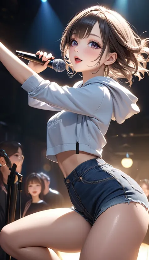 "masterpiece, 1.25, best quality, high resolution:1.35, RAW photo:1.2, photorealistic:1.37, hyper-realistic, 16K, original artwork, ((a pure and modest girl singing in front of a stand microphone)), ((girl singing in a club)), cute face, (long eyelashes, d...