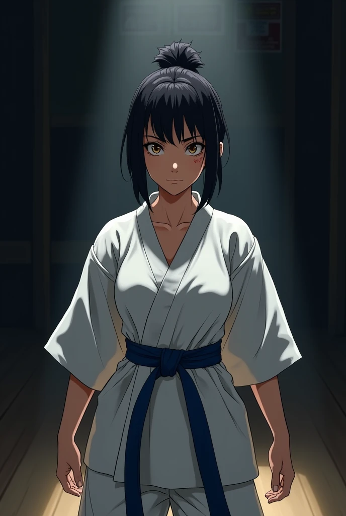 Girl, very short black hair updo, White karategi with blue belt, light brown eyes, in a totally dark black dojo, combat pose, serious face, bruised forearms, big breasts, big breasts. , human style, serious eyes.