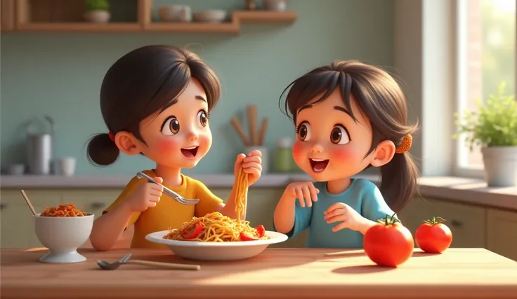 Bright kitchen scene, 8-year-old girl smiling and eating tomato beef noodles at dining table, mother watching with proud and content expression, modern kitchen, warm and cheerful atmosphere, mutual happiness, realistic, vibrant colors.