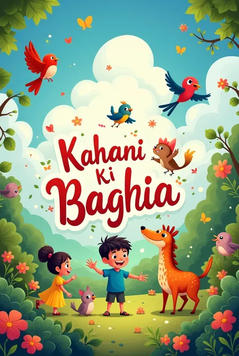 Create an cartoon  image  in which add some character and write kahani ki baghia in the center of image in unique way
Add some human cartoon character and birds and animal in it
I dont like the way you write 