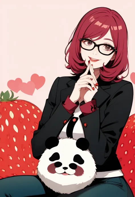 panda with glasses woman smiling and strawberry colored hair