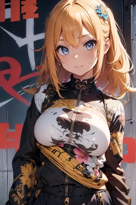 fund, mixed language_text, japanese graffiti letters, gals, long blonde hair, excellent lighting, side lighting, perfect ending ...