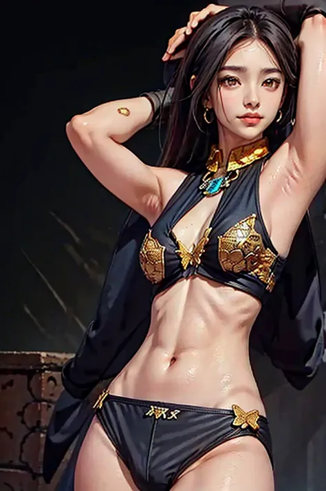 Black background with spotlight,１people々((Dark Skin:1.5,Dark brown eyes:1.4,Black Hair:1.3,Gal Style,big ,)), Leopard print underwear、rinwell , beautiful girl、Raise your hands to show your sweaty armpits,