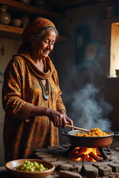 A Somali lady in her 80s cooking delicious food on a wood stove, (8K) (Full HD) (RAW) (HDR) (charisma)