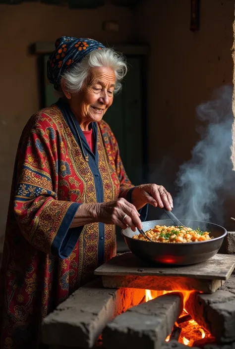 A Somali lady in her 80s cooking delicious food on a wood stove, (8K) (Full HD) (RAW) (HDR) (charisma)