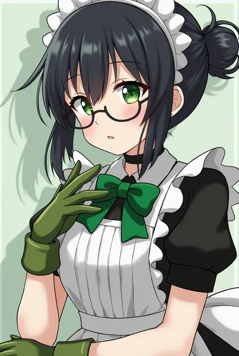 highres, sharp focus, pixiv masterpiece, ((intricate details)), highly detailed, yuri alpha, 1girl, black hair, (green wristband, green gauntlets, spikes,:1.1) glasses, green eyes, maid, single hair bun, dress, choker, bowtie, maid apron, 