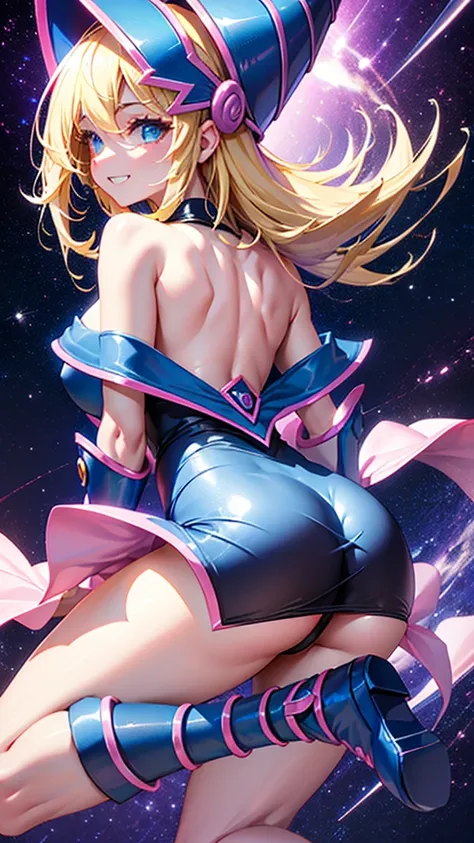 Angle from below and back, In space、1girl, ((Dark Magician Girl)), Jumping out of the card、Wizard、yu-gi-oh、(Look back), Long blonde hair、A bluish-black pointy hat、A bluish-black dress with pink accents, revealing the shoulders and chest、Thighs、(is), (back)...