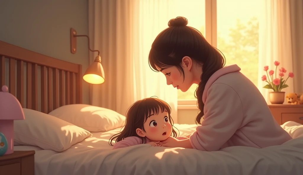 Warm morning scene in a cozy bedroom, mother gently waking up 8-year-old daughter, calm and reassuring expression, surprised but attentive girl peeking from under blanket, softly lit by morning sunlight, simple furnishings, tender and reflective mood, real...