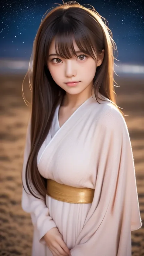 High resolution, masterpiece, Textured skin, Very long hair,Colorful Hair, Parted bangs, Hair blowing in the wind, Large Breasts, Sad expression, Full Body Portrait,Beautiful starry sky,milky way,A dress like a kimono,Romanticism, 18 year old adult female(...