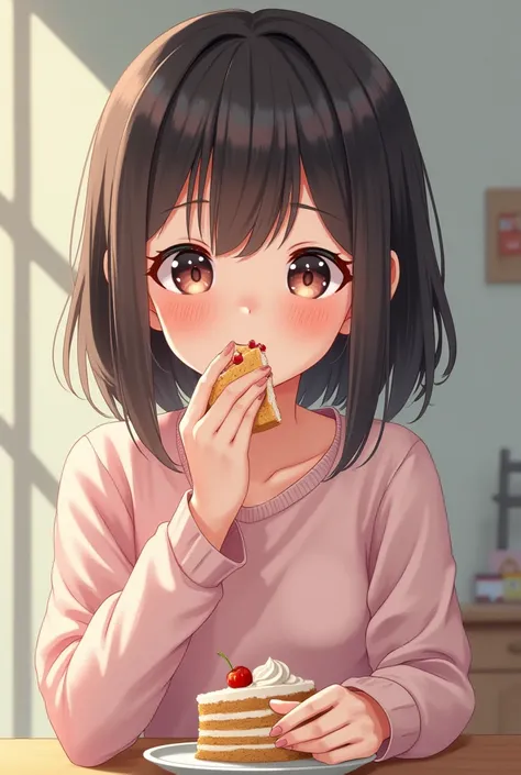 (Highest quality:1.2), Beautiful lo-fi minimalist vibe, Cute there is a picture of a girl eating a cake on a table, cute detailed digital art, cute digital art, adorable digital painting, cute art style, kawaii realistic portrait, cute anime, soft anime il...