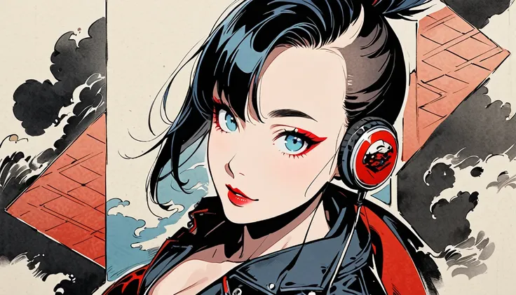 (((Ink Painting))), (((from above))), (((1 female))), (((Leather jacket with Japanese patterns))), (((Mohawk))), (((Very flashy makeup))), Japanese style headphones, devil, face close-up, front view, Japan人の美少女, Black Hair, Delicate and precise, Modern uki...