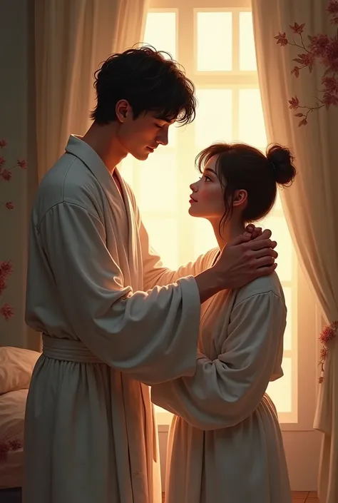 A young man puts a robe on a young woman
