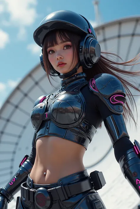 photo-realistic, ultra-realistic, very beautiful Japanese futuristic soldier, famous Japanese idol, 25 years old, dramatic scene, masterpiece, beautiful eyes, roller skating On the nasas giant parabolic antenna, (cyber punk glossy intricated complex mecha ...