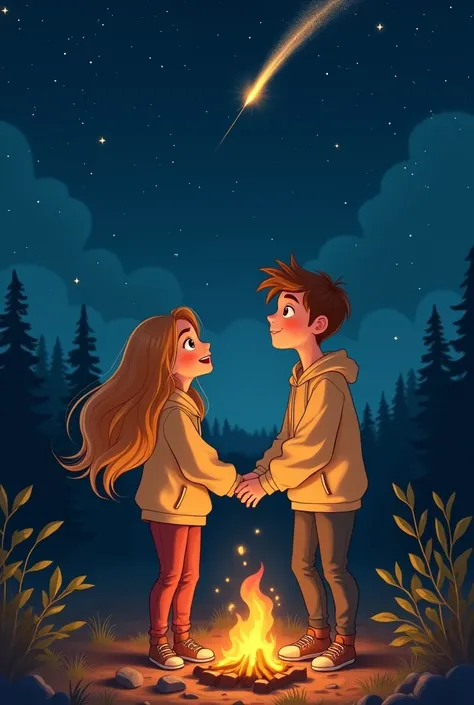 a couple the woman with long honey-colored hair and the man with light hair holding hands in sweatshirts camping watching a shooting star at night animated children&#39;s
