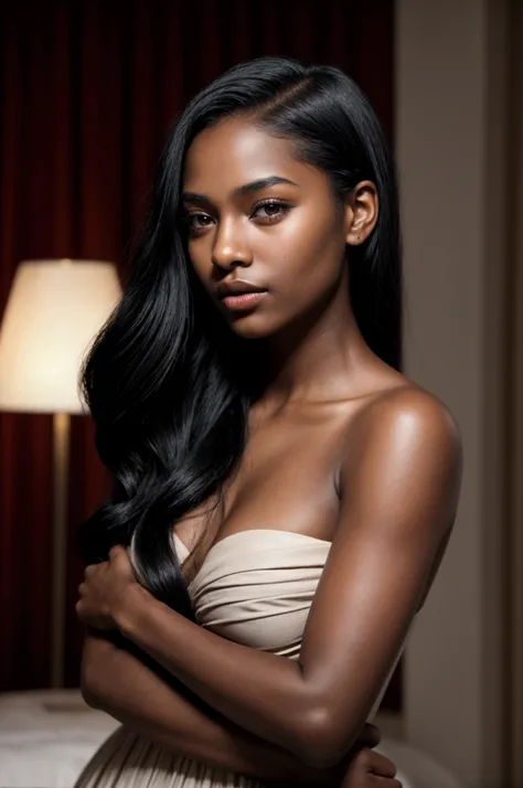 A young girl with straight black hair and dark skin, she displays a serene and refined beauty. Her face has an oval structure, with slightly marked cheekbones that provide definition. The eyes, large and expressive, they are framed by well-defined eyebrows...