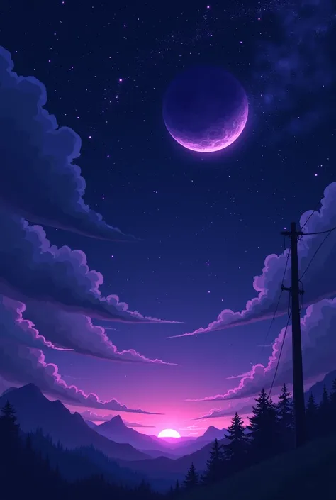 generate an anime style image of the sky in 2d anime style , starry with purple stars with a dark moon , gloomy weather , small size to put on youtube .