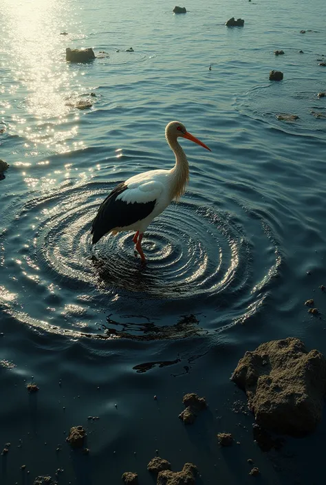 Ship got crashed and Oil got spill in ocean and stork got stuck on oil 