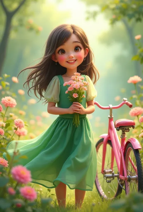 Make a  cute girl wearing green dress and hold some flowers and a pink cycle placed near the girl and background is flower velly